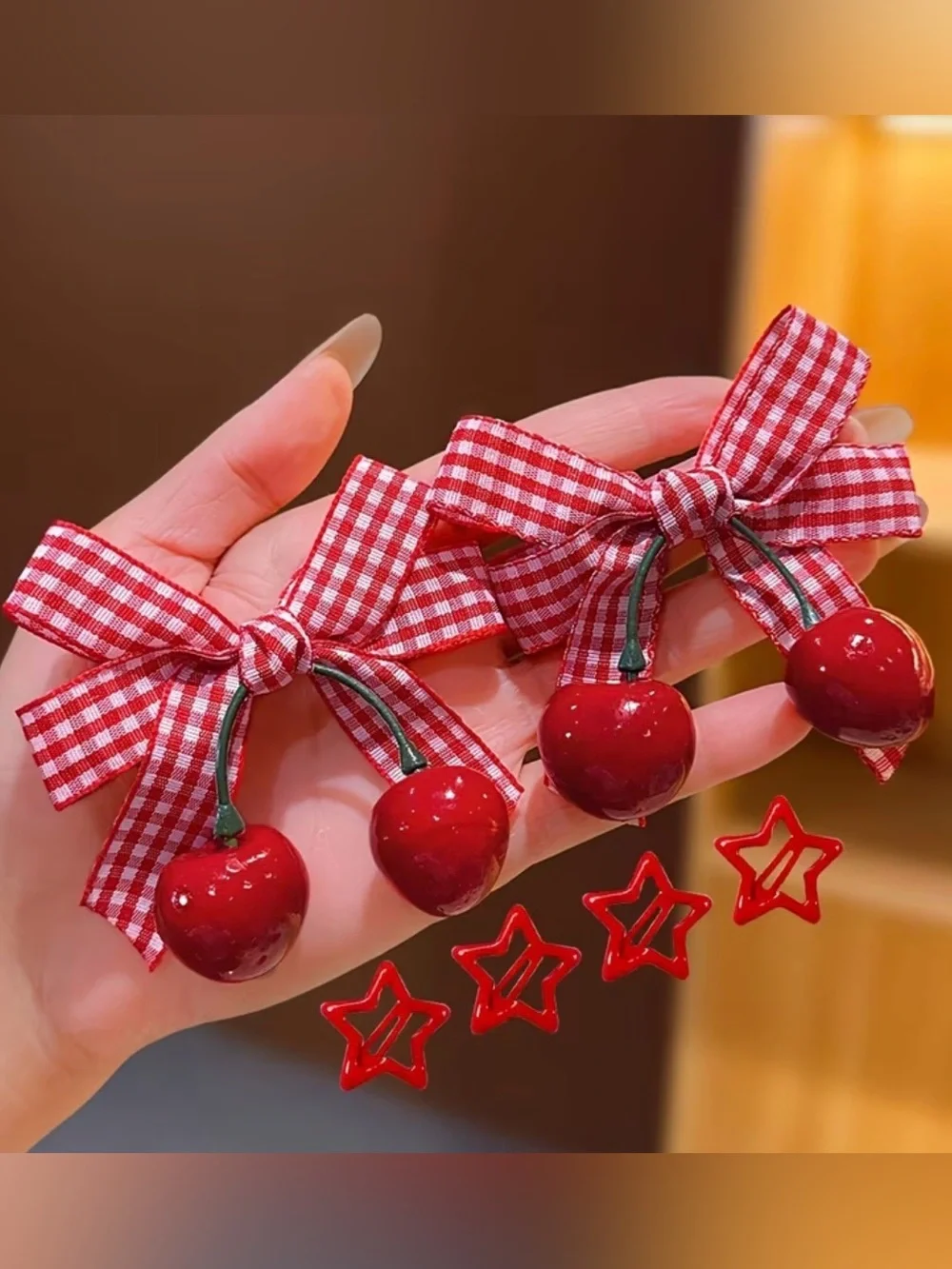 Red Cherry Bow Hair Clips for Kids